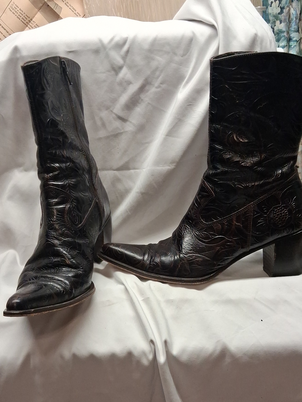 Women's Embossed Leather Mid-Calf Heeled Boots - Dark Brown